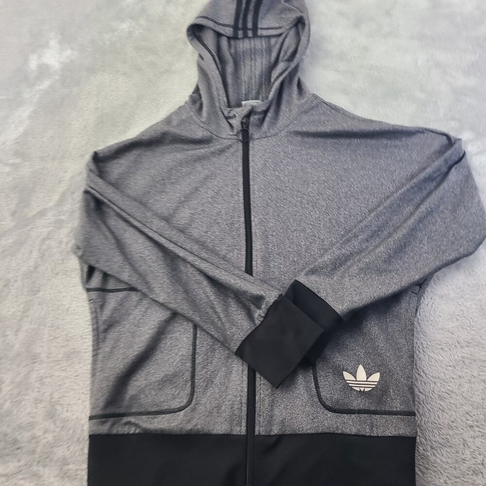 Adidas Gray Track Jacket Men's Medium Full Zip Hooded Sweatshirt Hoodie